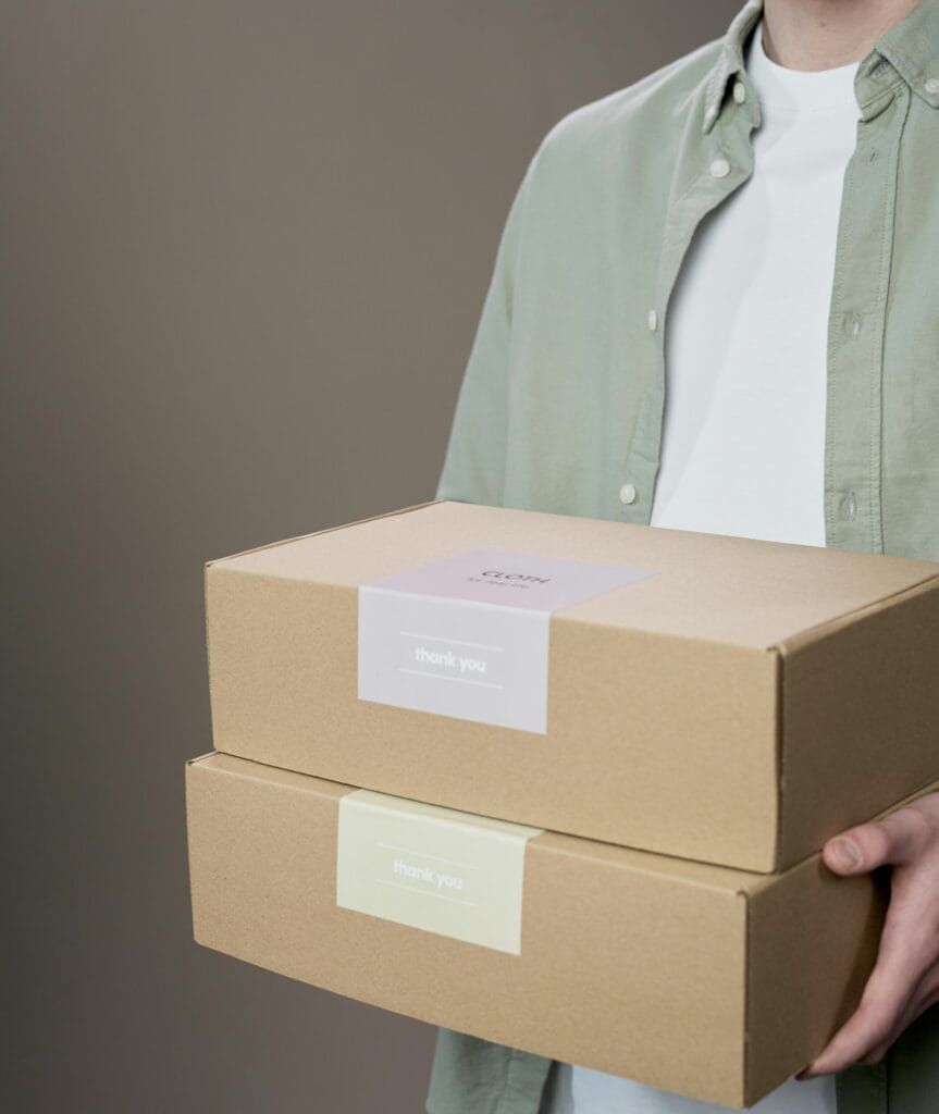 Imagem actual: A person holding two labeled cardboard boxes against a neutral background.